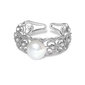 Silver Pearl Ring, Real Freshwater Pearl Rings for Women, Luxury Wedding Ring with Cubic Zirconia, Adjustable June Birthstone Ring Jewlery Gift (White Pearl)