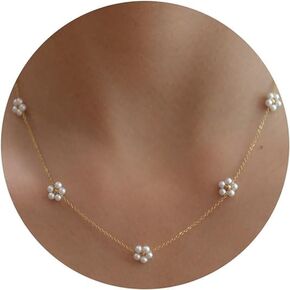 Gold Pearl Necklace for Women, Daisy Pearl Necklace,14K Gold Plated Dainty Pearl Choker Necklace for Women,Handmade Trendy Flower Necklace as Daisy Present and Bride Bridesmaid Birthday Wedding