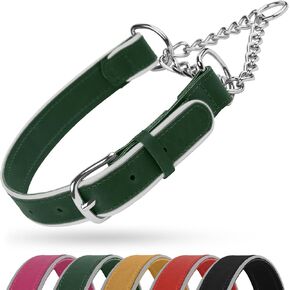 OOPSDOGGY Reflective Leather Martingale Dog Collar - Adjustable No Pull Stainless Steel Chain Training Collar for Small Medium Large Dogs Puppy (Red, Large, 18"-22.5")