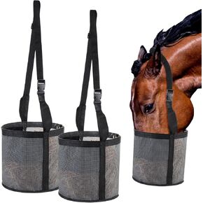 2 Pcs Horse Feed Bag Comfort Breathable Mesh Feed Bucket Heavy Duty Feed Bag with Adjustable Strap and Waterproof Bottom for Horse Feeding Supplies Muzzle Feed Bag, Medium (Blue)