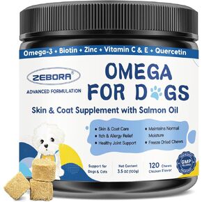 Omega 3 for Dogs with Salmon Oil, 120 Chewable Fish Oil for Dogs Skin and Coat - Dog Allergy Relief, Hot Spot Treatment, Anti Shedding, Hip & Joint Support with EPA & DHA, Biotin, Vitamin E