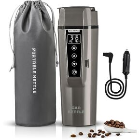 Portable Electric Car Kettle: 12V/24V Kettle Mini Water Boiler for Car Heated Travel Mug,Smart Precision Temperature Adjustment Coffee Tea Truck Cup with Handy Kettle Bag (Taupe, 400ML)