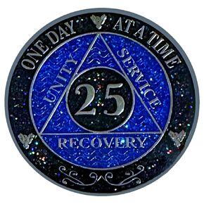 AA 25-Year Shiny Fancy Glitter Recovery Medallion, Alcoholics Anonymous Recovery Sober Silver Color Metal Coin, Shiny Blue And Black Rainbow Glitter, AA Sobriety Chip