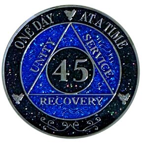 AA 45-Year Shiny Fancy Glitter Recovery Medallion, Alcoholics Anonymous Recovery Sober Silver Color Metal Coin, Shiny Blue And Black Rainbow Glitter, AA Sobriety Chip