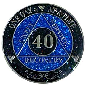 AA 40-Year Shiny Fancy Glitter Recovery Medallion, Alcoholics Anonymous Recovery Sober Silver Color Metal Coin, Shiny Blue And Black Rainbow Glitter, AA Sobriety Chip