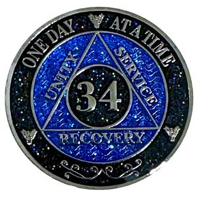 AA 34-Year Shiny Fancy Glitter Recovery Medallion, Alcoholics Anonymous Recovery Sober Silver Color Metal Coin, Shiny Blue And Black Rainbow Glitter, AA Sobriety Chip