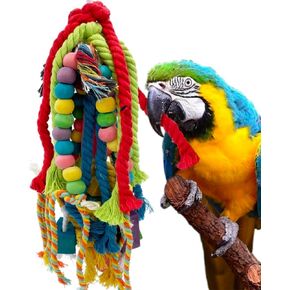 20.5 inch Parrot Chewing Toys - Parrot Cage Toys Wooden Block Tearing and Cotton Rope Toys for Small Medium and Large Parrot Conures Cockatiels African Grey Amazon and Macaw Parrots