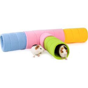 Guinea Pig Tunnel, Four Stackable Tunnel for Guinea Pig, One Pink Guinea Pig 3-Way Tunnel and Three Guinea Pig 2-Way Play Tube, Pink, Blue, Green and Yellow