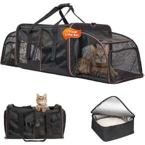 Cat Carrier for 2 Cats, Cat Travel Carrier with Litter Box, Portable 2-in-1 Double Cat Carrier, Pet Travel Carrier with Litter Box for Long Distance Travel, Black