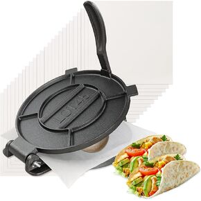 Lot45 Tortilla Press 12 inch - Cast Iron Manual Roti Maker Dough Press for Corn Tortillas, Tamales, Chapati, Naan Bread, Pizza Dough with 50 Parchment Paper Sheets