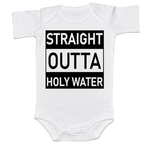 Baby Girl Boy Funny Baptism Onesie Straight Outta Holy Water Bodysuit New Mom Infant Shower Gift (0-6 Months, STRAIGHT OUTTA HOLY WATER-Short Sleeve Bodysuit)