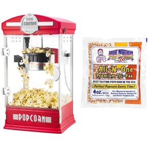 Big Bambino Popcorn Machine – 4 Oz Kettle with 12 Pack of All-In-One Popcorn Kernel Packets, Scoop, and Bags by Great Northern Popcorn (Red)