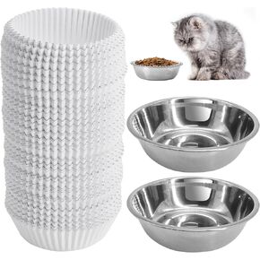 300PCS Disposable Cat Food Bowls & 2PCS Stainless Steel Cat Bowls - Pets Disposable Feeding Bowls Small Paper Cat Plates for Wet Food Disposable Bowls for Cat Dog Feeding Station