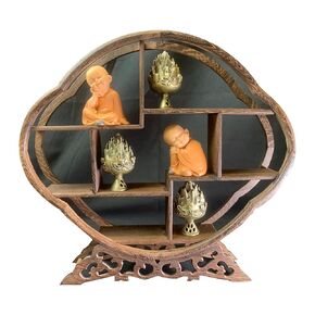 Chicken-Wing Wood Solid Wood Tea Set Vase Display Shelf, Miniature Mahogany Antique Shelf, Chinese-Style Home Decoration Ornaments, With Mini Cute Little Monk and Vintage Incense Burner Miniature Bosh