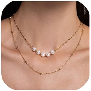 Dainty Gold Pearl Necklace for Women, 14k gold plated Cute Layered Gold Chain Necklaces Chocker, Waterproof Non Tarnish Gold Jewelry for Women Girls Gifts