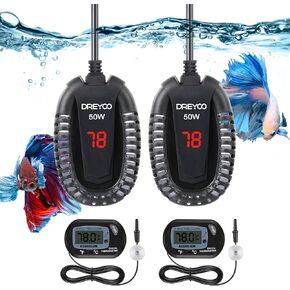2 Pack 50 Watt Small Aquarium Heater, Submersible Small Fish Tank Heater for 5-15 Gallon Betta Turtle Tank Heater LED Digital Display, Adjustable Temperature Controller and 2 Pack Aquarium Thermometer