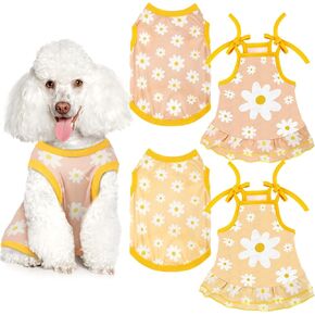 Frienda 4 Pieces Pet Clothes Set Include 2 Pieces Cute Pet Dress Lovely Dog Dress and 2 Pieces Dog Shirt Breathable Pet T Shirt Puppy Clothes Shirt for Pet (Daisy,Medium)