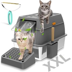 Stainless Steel Extra Large Kitty Cat Litter Box with High Wall, Metal Litter Box Never Absorbs Odors, Sturdy Easy to Clean, Non-Sticky, Anti-Leakage (Gray)