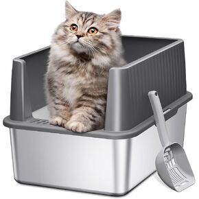 Barhon Stainless Steel Litter Box Small, Kitten Litter Box with High Sides 17.3" L x 13.3" W x 11.8" H, Metal Kitty Litter Box Easy to Clean, Non Sticky Bottom, Odor-Free, Dark Grey