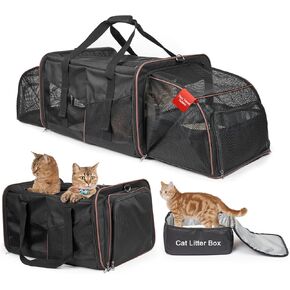 Cat Travel Carrier with Litter Boxes for 2 Cats, Double-Compartment Soft Pet Carrier, Expandable Portable Cat Carrier for Car Travel, up to 35 lb Road Trip, Camping, Hiking, Black