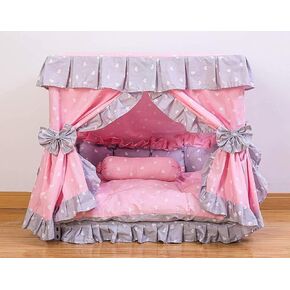 Princess Pink Grey White Heart Pet Dog Handmade Bed House+1 Candy Pillow (L)