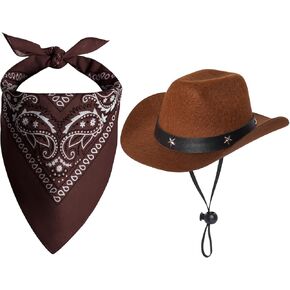 Dog Cowboy Hat with Star Decoration Dog Cowboy Costume for Small Pet Dogs Cat Cowboy Hat with Bandana Scarf Set Party Accessories (Brown, Small)