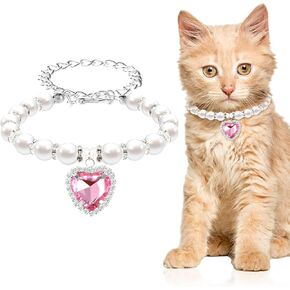 Cat Pearl Necklace Collar, Cute Rhinestone Puppy Collar Shine Small Cat Necklaces Pet Collar with Bling Accessories for Kitten Small Dogs Wedding Birthday Party(M,Pink)