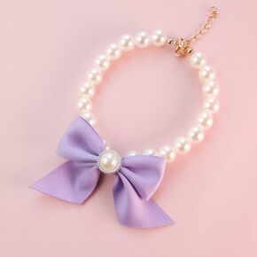 Purple Small Dog Pearl Necklace with Bow, Jewelry Dress Up Pet Decorative Dog Leash Necklace, Pet Collars Kitten Dog Bell Necklace Collars (M 25-31cm)