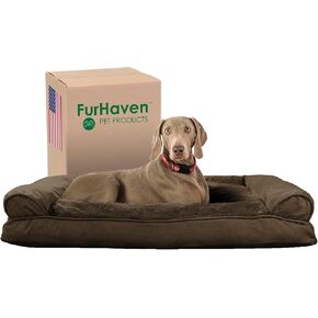Furhaven Pillow Dog Bed for Large Dogs w/ Removable Bolsters & Washable Cover - Plush & Suede Sofa - Espresso, Jumbo/XL