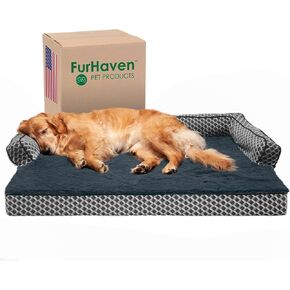 Furhaven Cooling Gel Dog Bed for Large Dogs w/ Removable Bolsters & Washable Cover, For Dogs Up to 95 lbs - Plush & Woven Decor Comfy Couch Sofa - Diamond Blue, Jumbo/XL