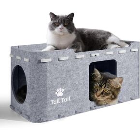 Cat Bed for Indoor Cats, 2-Story Large Play and Sleep Cats House, Scratch Resistant Peekaboo Cat Caves, Cute Modern Cat Hideaway for Multiple Small Pets & Large Cats, Grey
