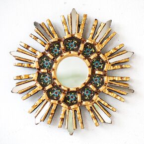 Decorative Hanging Round Mirror 7.8" wall art decor | Peruvian Wood Mirror for bathroom, Living room, farmhouse (Gold)