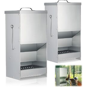 2 Pcs 5 Pound Cage Rabbit Feeders Automatic Metal Trough Feeder with Lid Galvanized Steel Bunny Food Dispenser for Rabbits Chicken Guinea Pigs Ferrets and Other Small Animals