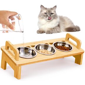 Elevated Cat Food Bowl, 3 Stainless Steel Raised Cat Bowls with Stand, 15°Tilted Cat Bowl for Indoor Cats Elevated, Cat Food and Water Bowl Set, Anti Vomitting, Whisker Fatigue and Dishwasher Safe