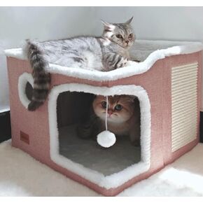 Large Cat Bed for Indoor Cats, Foldable Adult Cat Cave Anti Anxiety Cat House Cube with Scratch Pad Cat Towers, Cute Kitten Condo Hideaway Hut with Soft Pillow Mat for 2 Pets Under 30 lbs Kaki