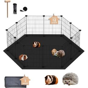 DIY Hexagon Pet Playpen with Waterproof Washable Mat, Small Animal Pen, Pet Fence Indoor, DIY Enclosure for Hamsters, Guinea Pig, 12 pcs panels (L - 49.6" x 16.1", Plastic)