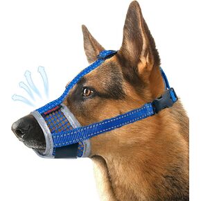 Dog Muzzle, Air Mesh Breathable Muzzle for Medium Large Sized Dogs to Anti & Prevent Biting Barking, Soft Grooming Muzzle for German Shepherd Dog with Reflective & Adjustable Strap(Blue-M