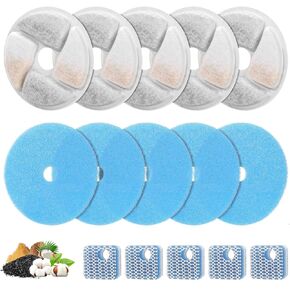 5 Set Cat Water Fountain Filter Replacement for Square 2.2L/73oz Stainless Steel Cat Fountain, ZEKIRY Pet Fountain Filter, Triple Filtration Replacement Filters(5 Filter, 5 Sponge, 5 8D Sponge)