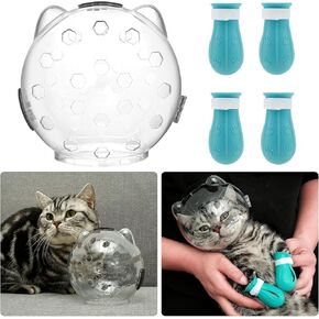 HOTBEST Cat Muzzle, Cat Helmet for Grooming, Breathable Cat Hood with 4 Silicone Paw Shoes, Adjustable Transparent Cat Mouth Cover, Anti Bite Muzzles for Cats Bathing Shaving Nail Trimming (Large)