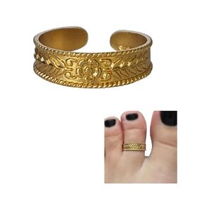 Gold Plated over 925 Sterling Silver Ethnic Design Flower and Leaf Toe Ring/Knuckle Ring - Small Adjustable Band Open Ring | Handmade by MiYa Jewelry Creations