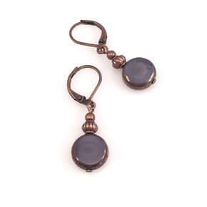 Purple Czech Glass Round Button Bead with Antiqued Copper Lever Back Earrings