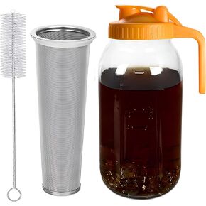 Cold Brew Coffee Maker - Include 2 Quart (64oz / 1.9 Liter) Wide Mouth Thick Glass Mason Jar Pitcher, with Stainless Steel Mesh Filter & Flip Cap Lid for Iced Coffee, Coffee Strainer in Kuwait
