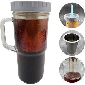 Cold Brew Coffee Maker, 22.5 OZ, With Handle, Lid And Silicone Straw, Food Grade 304 Stainless Steel Filter, Also To Make Cold Brew Tea and Fruit Infused Water, Fit Most Car Cup Holder
