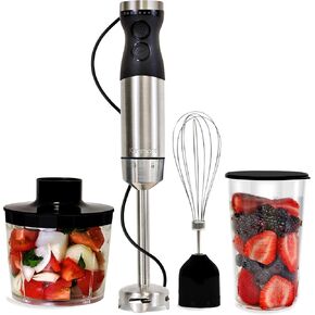 Kenmore Immersion 400W Hand Blender, Variable Speed Blender, Handheld Blending Stick, Food Chopper, Whisk, 700mL Beaker and Lid, Stainless Steel Quad Blade Hand Blender, Black and Silver