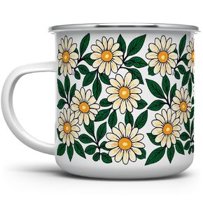 Floral Daisy Enamel Camping Coffee Mug, Nature Flowers Botanical Gift Cup for Friend Coworker Women Mom Daughter (16oz)