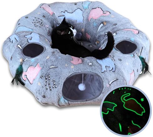 Cat Tunnel Bed,Cat Tunnel Bed with Soft Central Cat Couch,Cat Toys for Indoor Cats,Self-Luminous Collapsible Peekaboo Cat Cave,Cat Donut Tunnel and Kitty Toy Set in Saudi Arabia
