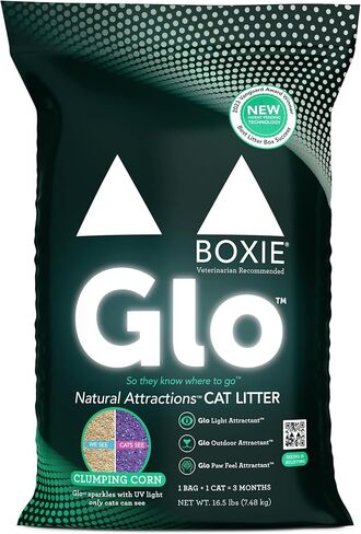 Boxie® Glo™ Natural Attractions 30 Day Odor Control Clumping Corn Cat Litter, 16.5 lb, 99.9% Dust-Free, Plant-Based, Lightweight, Strong Clumping, UV Light Attractant for Litter Box Use in Kuwait