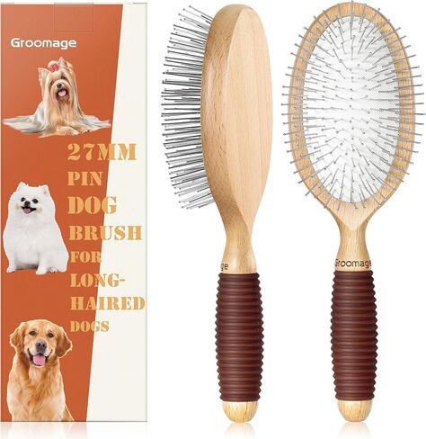 Dog Brush, Pin Brush for Dogs, 27mm Extra Long Pin Brush, Dog Grooming Brush for Shedding, Dog Brush for Long Haired Dogs - Ash Wood Material, Non-Slip Rubber Handle, Round-Tipped Pins in Saudi Arabia