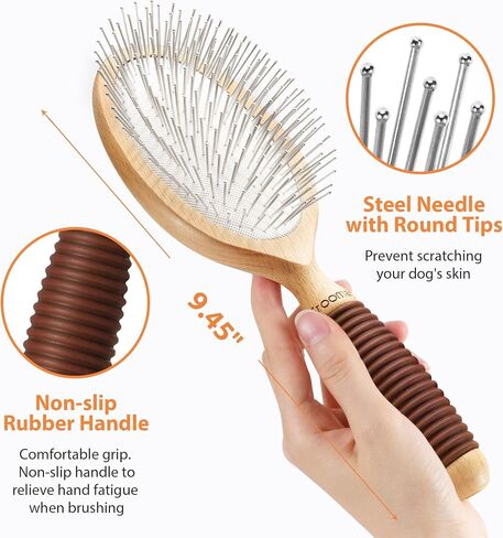 Dog Brush, Pin Brush for Dogs, 27mm Extra Long Pin Brush, Dog Grooming Brush for Shedding, Dog Brush for Long Haired Dogs - Ash Wood Material, Non-Slip Rubber Handle, Round-Tipped Pins in Saudi Arabia