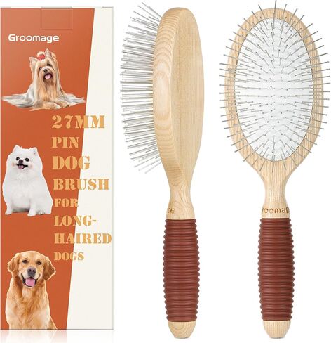 Dog Brush, Pin Brush for Dogs, 27mm Extra Long Pin Brush, Dog Grooming Brush for Shedding, Dog Brush for Long Haired Dogs - Ash Wood Material, Non-Slip Rubber Handle, Round-Tipped Pins in Saudi Arabia
